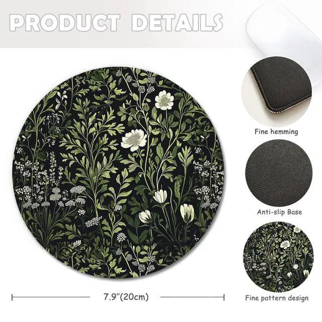 Alt view image 2 of 6 - Floral Green Plant Mouse Pad, Vintage White Flower Botanical Cottagecore Mousepad Mouse Mat with Non-Slip Rubber Base for Home Office Desk Accessories, Green Office Supplies, 7.9x7.9 Inch