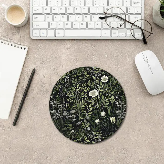 Alt view image 4 of 6 - Floral Green Plant Mouse Pad, Vintage White Flower Botanical Cottagecore Mousepad Mouse Mat with Non-Slip Rubber Base for Home Office Desk Accessories, Green Office Supplies, 7.9x7.9 Inch