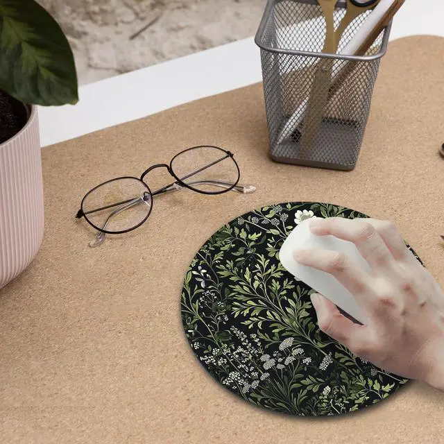 Alt view image 5 of 6 - Floral Green Plant Mouse Pad, Vintage White Flower Botanical Cottagecore Mousepad Mouse Mat with Non-Slip Rubber Base for Home Office Desk Accessories, Green Office Supplies, 7.9x7.9 Inch