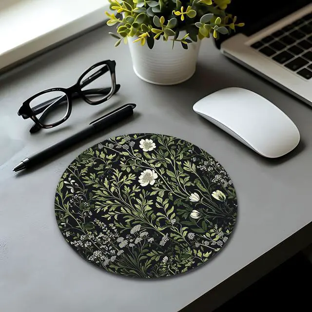 Alt view image 6 of 6 - Floral Green Plant Mouse Pad, Vintage White Flower Botanical Cottagecore Mousepad Mouse Mat with Non-Slip Rubber Base for Home Office Desk Accessories, Green Office Supplies, 7.9x7.9 Inch