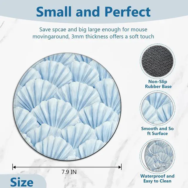 Alt view image 3 of 7 - Blue Coastal Beach Seashell Mouse Pad, Nautical Ocean Sea Shell Round Mousepad Mouse Mat with Anti-Slip Rubber Base for Computer Laptop Home Office Desk, 7.9x7.9 in