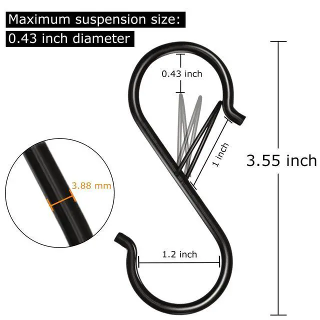 Alt view image 2 of 7 - 8 Pack S Hooks for Hanging, 3.5 inch Heavy Duty Metal S Hooks with Safety Buckle S Shaped Hooks Pot Rack Closet Hooks for Hanging Plants, Clothes, Kitchen Utensil, Pots, Pans, Bags (Black)