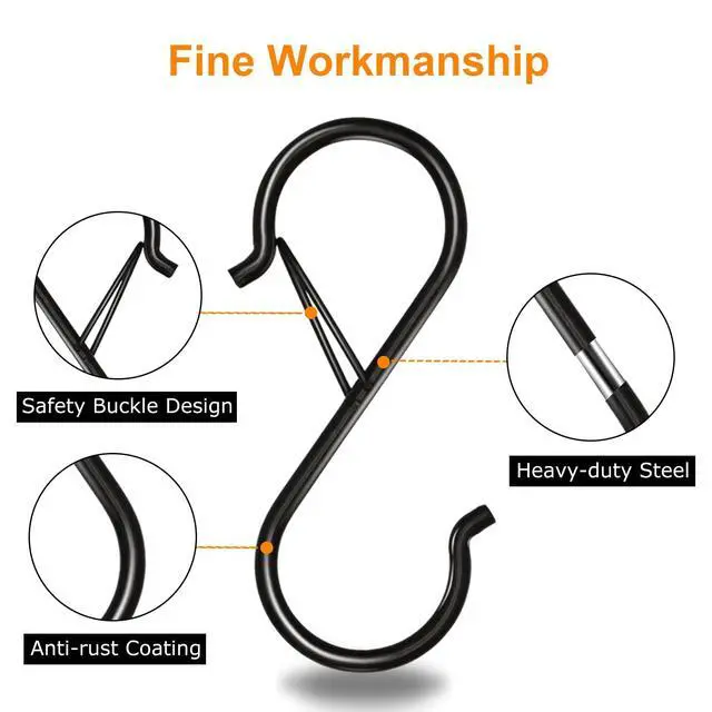 Alt view image 3 of 7 - 8 Pack S Hooks for Hanging, 3.5 inch Heavy Duty Metal S Hooks with Safety Buckle S Shaped Hooks Pot Rack Closet Hooks for Hanging Plants, Clothes, Kitchen Utensil, Pots, Pans, Bags (Black)