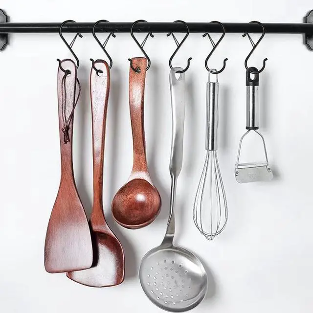 Alt view image 4 of 7 - 8 Pack S Hooks for Hanging, 3.5 inch Heavy Duty Metal S Hooks with Safety Buckle S Shaped Hooks Pot Rack Closet Hooks for Hanging Plants, Clothes, Kitchen Utensil, Pots, Pans, Bags (Black)