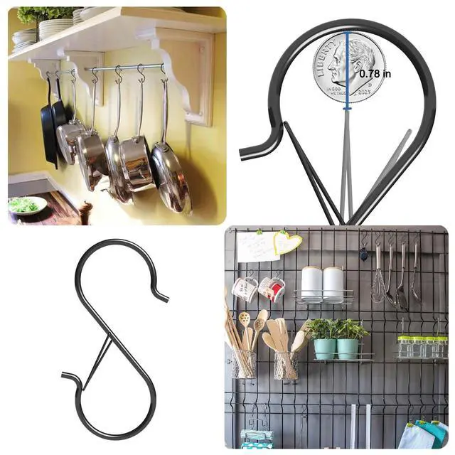 Alt view image 5 of 6 - 7 Pack S Hooks for Hanging with Safety Buckle, 5 inch Heavy Duty Black Vinyl Coated Wire Shelving Hooks, Pot Rack Hooks for Hanging Plants, Bags, Kitchen Utensils, Cups, Pans