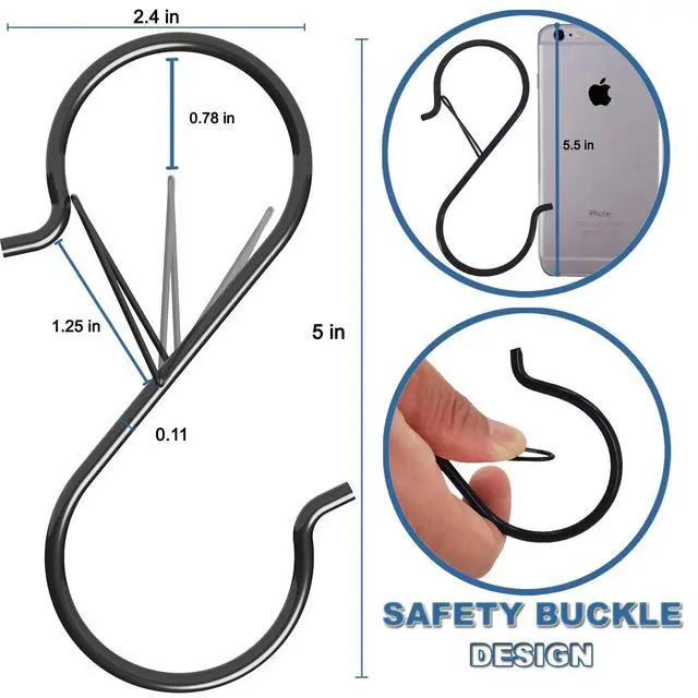 Alt view image 6 of 6 - 7 Pack S Hooks for Hanging with Safety Buckle, 5 inch Heavy Duty Black Vinyl Coated Wire Shelving Hooks, Pot Rack Hooks for Hanging Plants, Bags, Kitchen Utensils, Cups, Pans
