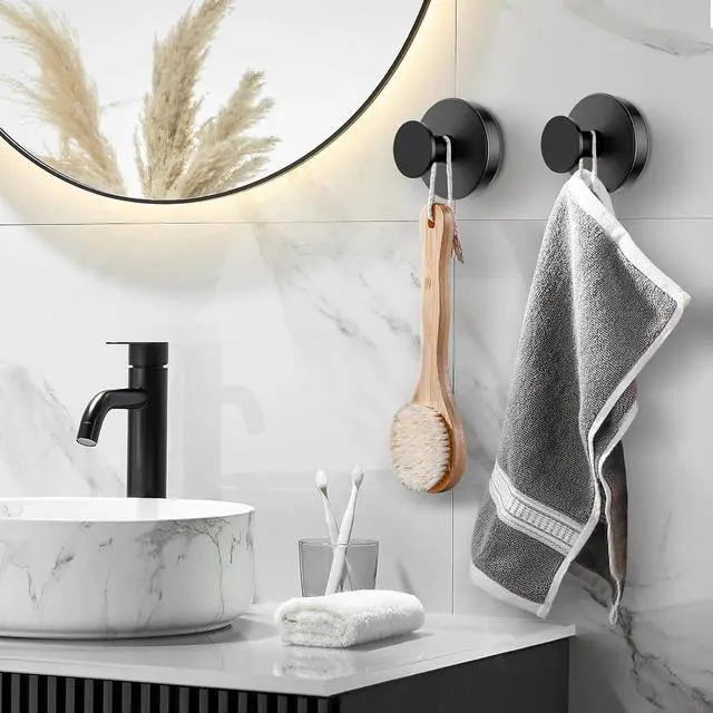 Alt view image 5 of 6 - ZUDAY 2 Pieces No Drill Black Suction Cup Hooks for Shower, Removable Towel Hooks for Bathroom Window Glass Door Wall, Bath Robe Looafh Hook for Hanging, for Wreath