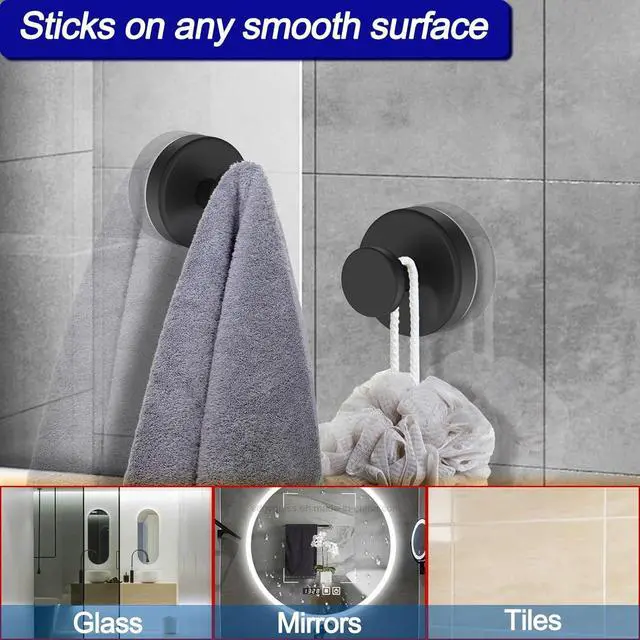 Alt view image 6 of 6 - ZUDAY 2 Pieces No Drill Black Suction Cup Hooks for Shower, Removable Towel Hooks for Bathroom Window Glass Door Wall, Bath Robe Looafh Hook for Hanging, for Wreath
