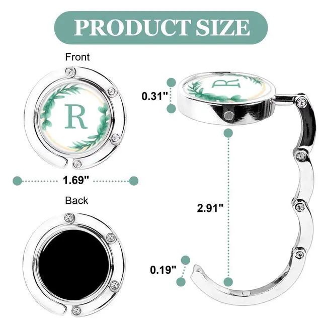 Alt view image 2 of 7 - 3Pcs Personalized Initial Foldable Purse Hook for Table,Crushed Flower Letters Folding Purse Hanger,Purse Holder Handbag Hanger Collection Desk Table Bag Hooks Gifts for Women Bag(Green-R)