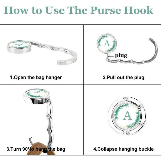 Alt view image 4 of 7 - 3Pcs Personalized Initial Foldable Purse Hook for Table,Crushed Flower Letters Folding Purse Hanger,Purse Holder Handbag Hanger Collection Desk Table Bag Hooks Gifts for Women Bag(Green-R)