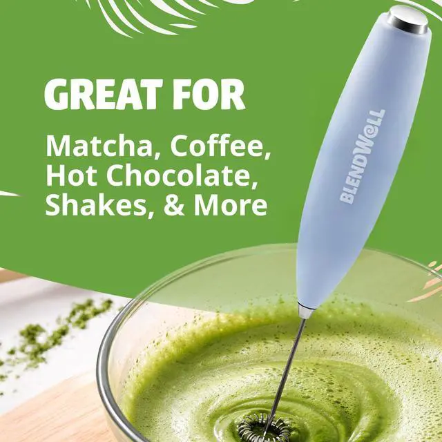 Alt view image 3 of 6 - Electric Milk Frother for Matcha and Coffee, Handheld Battery Operated Drink Mixer with Stand, Stainless Steel Whisk, Light Blue