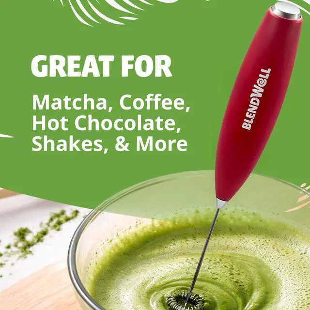 Alt view image 3 of 6 - Electric Milk Frother for Matcha and Coffee, Handheld Battery Operated Drink Mixer with Stand, Stainless Steel Whisk, Red