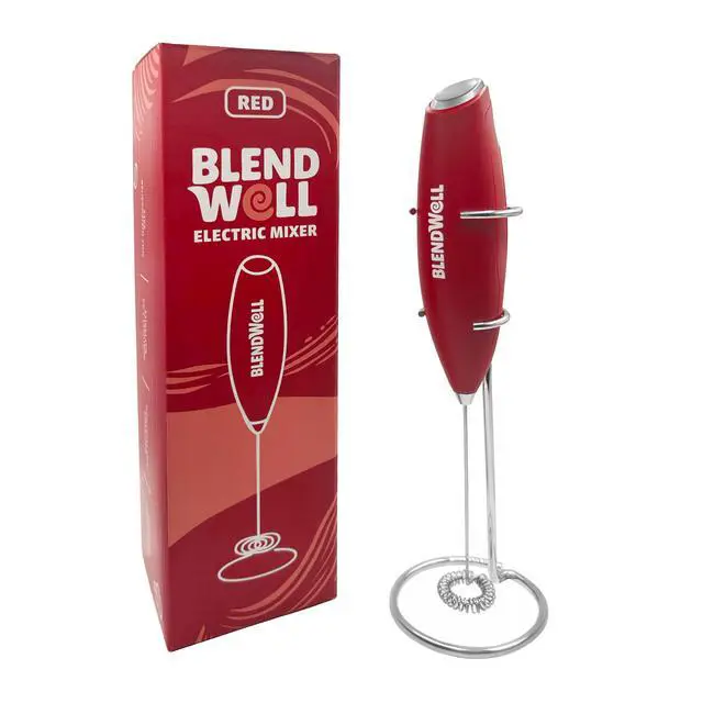 Alt view image 2 of 6 - Electric Milk Frother for Matcha and Coffee, Handheld Battery Operated Drink Mixer with Stand, Stainless Steel Whisk, Red