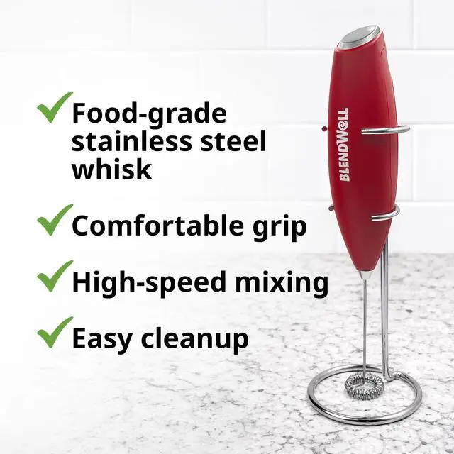 Alt view image 4 of 6 - Electric Milk Frother for Matcha and Coffee, Handheld Battery Operated Drink Mixer with Stand, Stainless Steel Whisk, Red