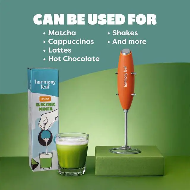 Alt view image 4 of 6 - Handheld Milk Frother, Stainless Steel Electric Drink Mixer with Stand, Battery Operated Coffee Frother for Lattes, Matcha, Hot Chocolate and More, Orange