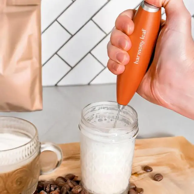 Alt view image 5 of 6 - Handheld Milk Frother, Stainless Steel Electric Drink Mixer with Stand, Battery Operated Coffee Frother for Lattes, Matcha, Hot Chocolate and More, Orange
