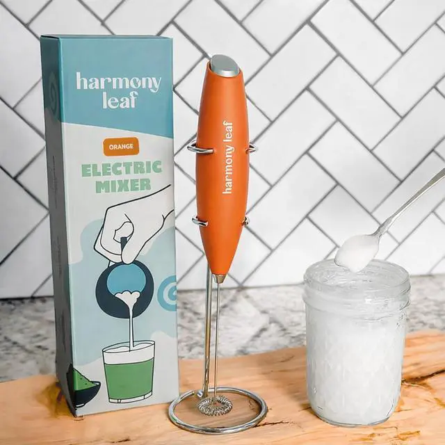 Alt view image 2 of 6 - Handheld Milk Frother, Stainless Steel Electric Drink Mixer with Stand, Battery Operated Coffee Frother for Lattes, Matcha, Hot Chocolate and More, Orange