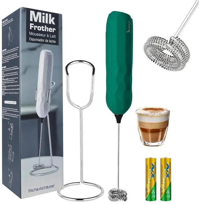 Main image of Ultra Fast Handheld Milk Frother Double Whisk with Stand 2 Batteries Stainless Steel for Lattes Cappuccino Matcha Hot Chocolate Coffee Bar Accessories Kitchen Gadgets Gift