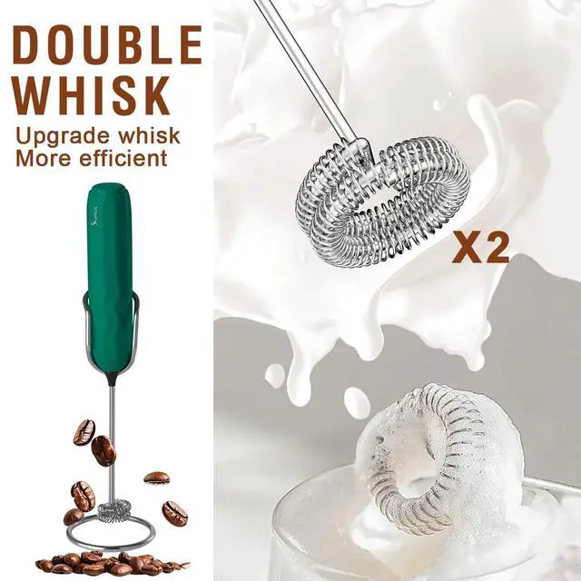 Alt view image 2 of 7 - Ultra Fast Handheld Milk Frother Double Whisk with Stand 2 Batteries Stainless Steel for Lattes Cappuccino Matcha Hot Chocolate Coffee Bar Accessories Kitchen Gadgets Gift