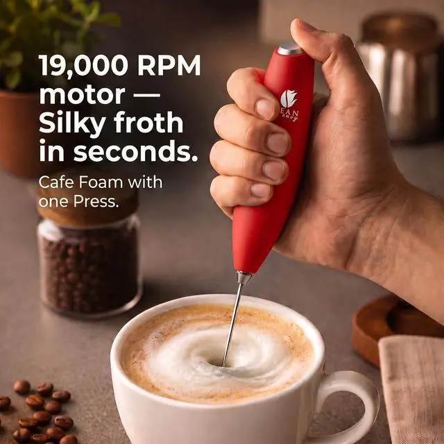 Alt view image 2 of 7 - Milk Frother Handheld - Coffee Mixer Wand with Stand - Red | Battery Operated, Stainless Steel Whisk, 19000 RPM, Protein Powder Blender, Electric Stirrer, Mini Foamer