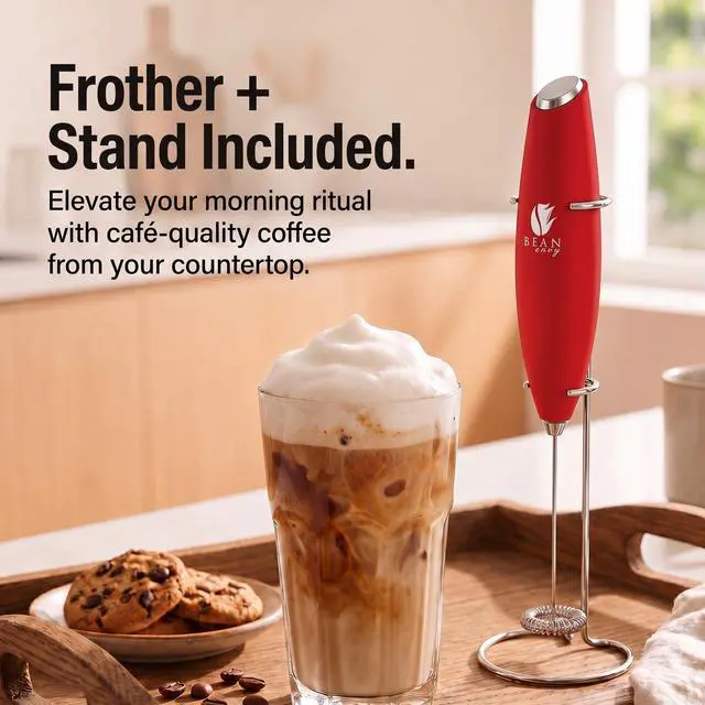 Alt view image 3 of 7 - Milk Frother Handheld - Coffee Mixer Wand with Stand - Red | Battery Operated, Stainless Steel Whisk, 19000 RPM, Protein Powder Blender, Electric Stirrer, Mini Foamer