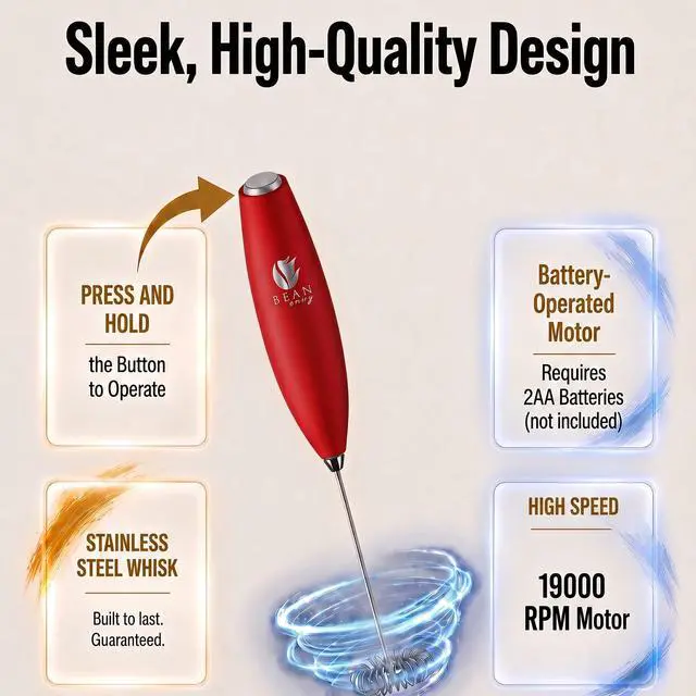 Alt view image 5 of 7 - Milk Frother Handheld - Coffee Mixer Wand with Stand - Red | Battery Operated, Stainless Steel Whisk, 19000 RPM, Protein Powder Blender, Electric Stirrer, Mini Foamer