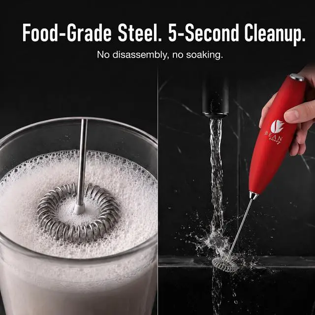 Alt view image 6 of 7 - Milk Frother Handheld - Coffee Mixer Wand with Stand - Red | Battery Operated, Stainless Steel Whisk, 19000 RPM, Protein Powder Blender, Electric Stirrer, Mini Foamer