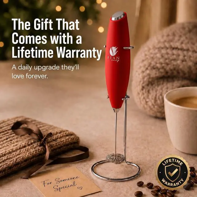Alt view image 7 of 7 - Milk Frother Handheld - Coffee Mixer Wand with Stand - Red | Battery Operated, Stainless Steel Whisk, 19000 RPM, Protein Powder Blender, Electric Stirrer, Mini Foamer