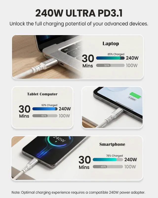 Alt view image 6 of 7 - 240W USB C to USB C Cable 6FT 2-Pack, Braided Type C Fast Charging Cord, Compatible with iPhone 16/15 Pro Max, MacBook Pro, Samsung S24/S25