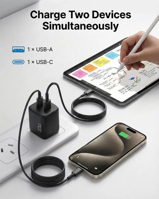 Alt view image 3 of 7 - iPhone Charger Fast Charging, 30W GaN USB-C Dual Port for iPhone 17/16 | Compact Dual Port USB-C Wall Charger for iPhone, iPad, Google Pixel, Android; C-to-C Cable Included