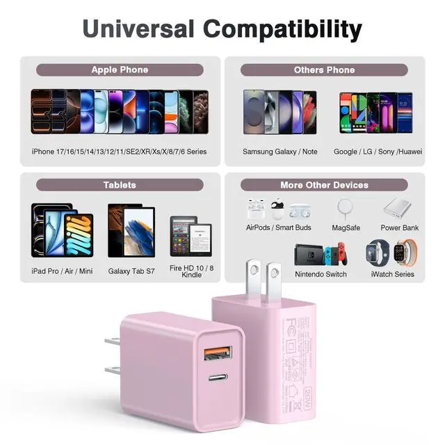 Alt view image 3 of 5 - USB C Wall Charger Block 20W, 2-Pack Dual Port PD Power Delivery Fast Type C Charging Block Plug Compatible with iPhone 13/14/15/16/17 Pro Max Plus, XS/XR/X,iPad,AirPorts,Galaxy S25/24