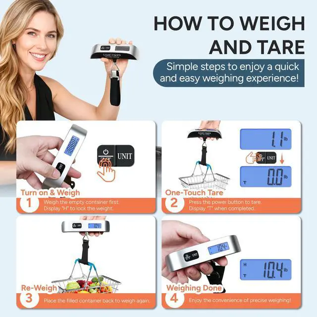 Alt view image 3 of 7 - Luggage Scale Digital Suitcase Weight Scale for Travel | Blue Backlight, Rubber Paint Handle, Tare & Data Lock, Auto-Off, Battery Included, 110 Pounds, Travel Essentials