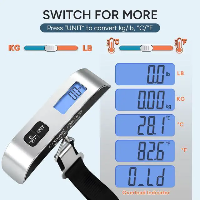 Alt view image 5 of 7 - Luggage Scale Digital Suitcase Weight Scale for Travel | Blue Backlight, Rubber Paint Handle, Tare & Data Lock, Auto-Off, Battery Included, 110 Pounds, Travel Essentials