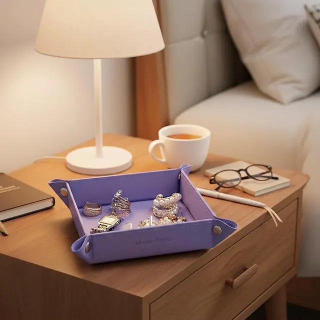 Alt view image 6 of 7 - Small Valet Tray, Jewelry Tray for Rings Watches Earrings, Entryway Catchall Caddy for Coins Keys Change, Nightstand Bedside Valet Holder, Trays for Electronic Gadgets, Purple
