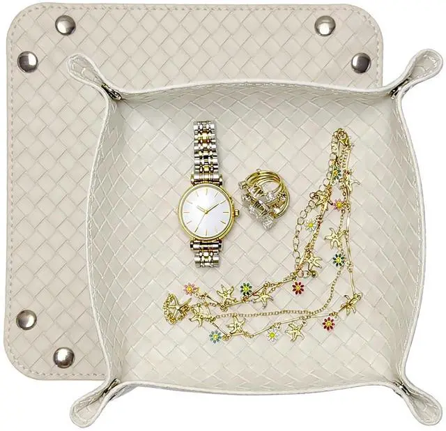 Main image of Small Jewelry Tray for Rings Watches Earrings, Entryway Catchall Caddy for Coins Keys Change, Nightstand Bedside Valet Holder, Trays for Electronic Gadgets, Woven Beige