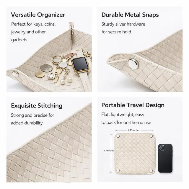 Alt view image 2 of 7 - Small Jewelry Tray for Rings Watches Earrings, Entryway Catchall Caddy for Coins Keys Change, Nightstand Bedside Valet Holder, Trays for Electronic Gadgets, Woven Beige