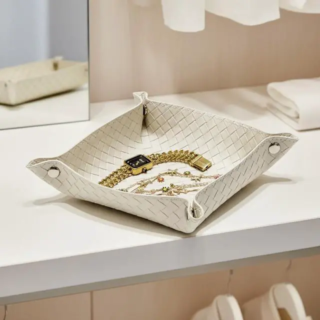 Alt view image 4 of 7 - Small Jewelry Tray for Rings Watches Earrings, Entryway Catchall Caddy for Coins Keys Change, Nightstand Bedside Valet Holder, Trays for Electronic Gadgets, Woven Beige