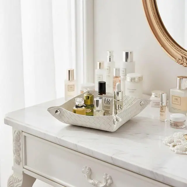 Alt view image 5 of 7 - Small Jewelry Tray for Rings Watches Earrings, Entryway Catchall Caddy for Coins Keys Change, Nightstand Bedside Valet Holder, Trays for Electronic Gadgets, Woven Beige