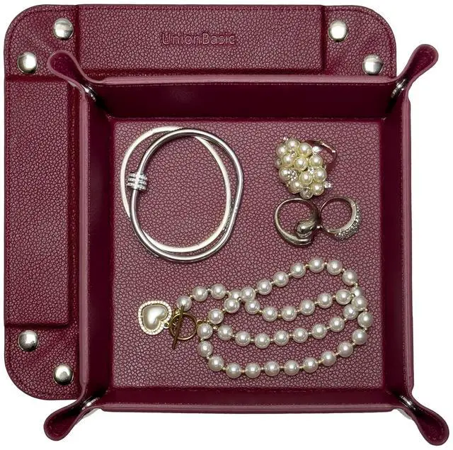 Main image of Small Jewelry Tray for Rings Watches Earrings, Entryway Catchall Caddy for Coins Keys Change, Nightstand Bedside Valet Holder, Trays for Electronic Gadgets, Lychee Burgundy