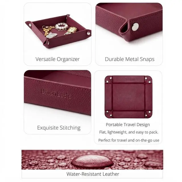Alt view image 2 of 7 - Small Jewelry Tray for Rings Watches Earrings, Entryway Catchall Caddy for Coins Keys Change, Nightstand Bedside Valet Holder, Trays for Electronic Gadgets, Lychee Burgundy