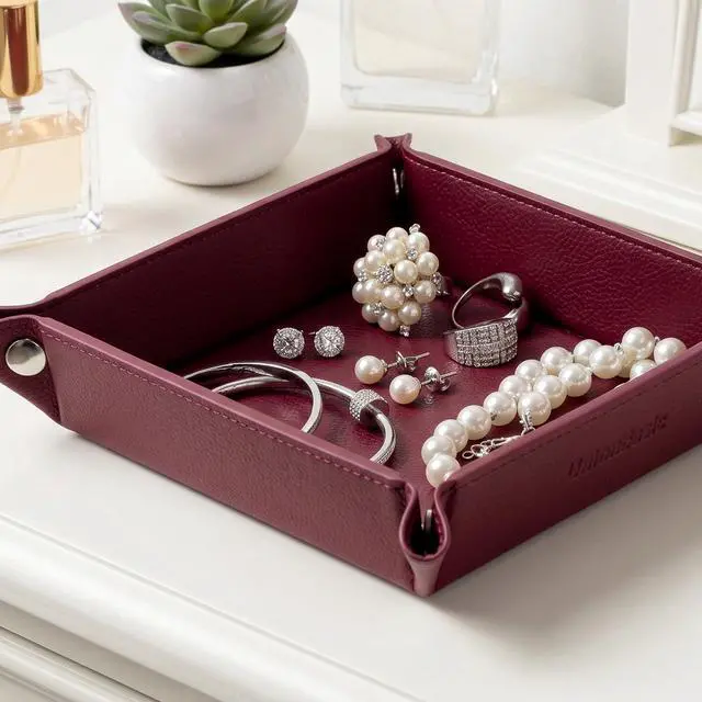 Alt view image 3 of 7 - Small Jewelry Tray for Rings Watches Earrings, Entryway Catchall Caddy for Coins Keys Change, Nightstand Bedside Valet Holder, Trays for Electronic Gadgets, Lychee Burgundy