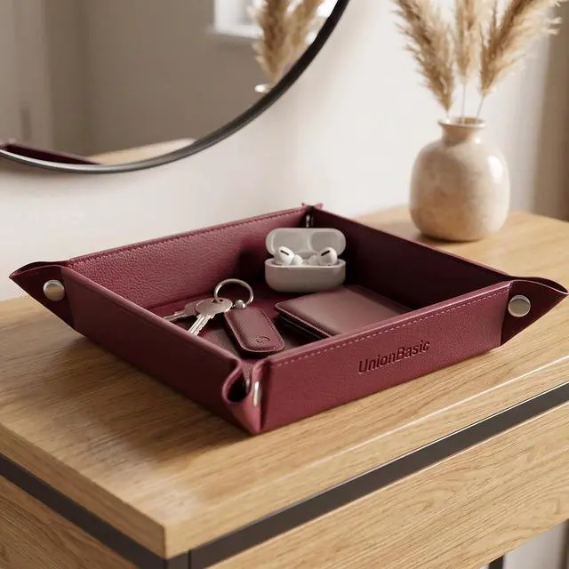 Alt view image 4 of 7 - Small Jewelry Tray for Rings Watches Earrings, Entryway Catchall Caddy for Coins Keys Change, Nightstand Bedside Valet Holder, Trays for Electronic Gadgets, Lychee Burgundy