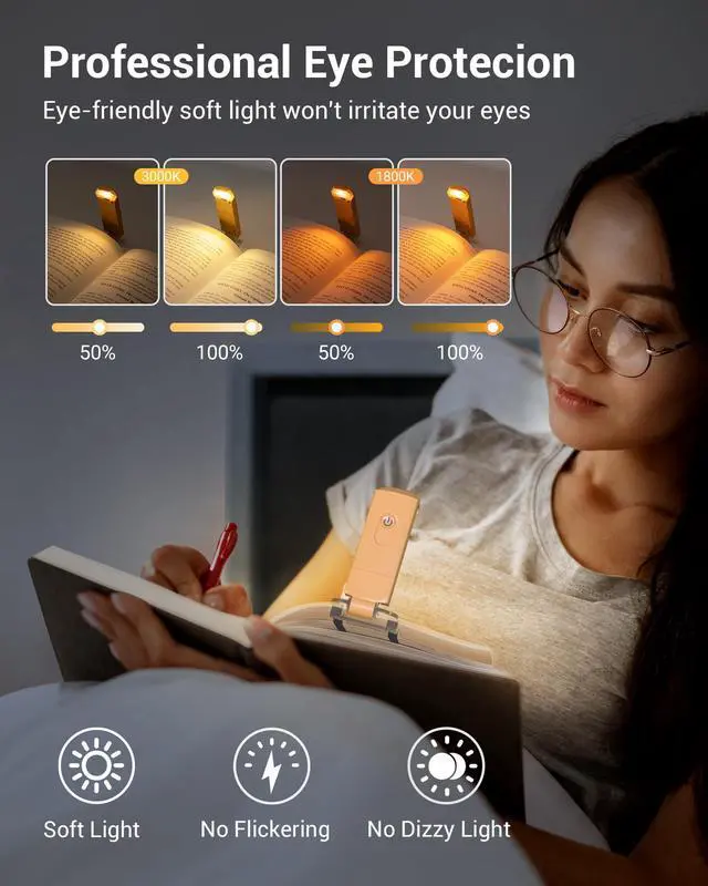 Alt view image 2 of 7 - LED USB Rechargeable Book Light, Clip on Reading Light Peach Fuzz | 4 Brightness Adjustable, Flexible Lighting Angle, 2 LED Beads, Amber & Warm White Glow, Perfect for Bookworms, Kids