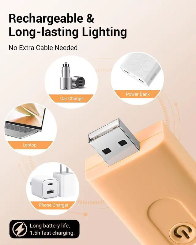 Alt view image 3 of 7 - LED USB Rechargeable Book Light, Clip on Reading Light Peach Fuzz | 4 Brightness Adjustable, Flexible Lighting Angle, 2 LED Beads, Amber & Warm White Glow, Perfect for Bookworms, Kids