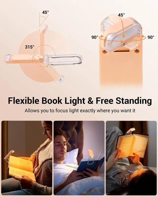Alt view image 4 of 7 - LED USB Rechargeable Book Light, Clip on Reading Light Peach Fuzz | 4 Brightness Adjustable, Flexible Lighting Angle, 2 LED Beads, Amber & Warm White Glow, Perfect for Bookworms, Kids