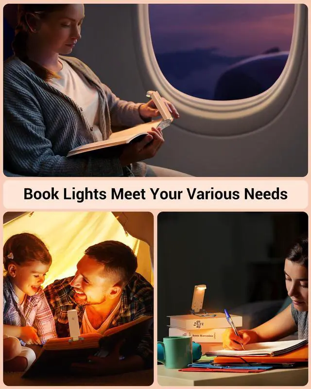 Alt view image 7 of 7 - LED USB Rechargeable Book Light, Clip on Reading Light Peach Fuzz | 4 Brightness Adjustable, Flexible Lighting Angle, 2 LED Beads, Amber & Warm White Glow, Perfect for Bookworms, Kids