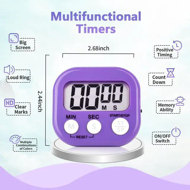 Alt view image 2 of 7 - 2 Pack Purple Digital Kitchen Timer Magnetic Digital Timer with Big Display Loud Ring Cooking Timers for Kitchen Electronic Timers for Cooking, Game, Gym, Break Time, Classroom (2, Purple)