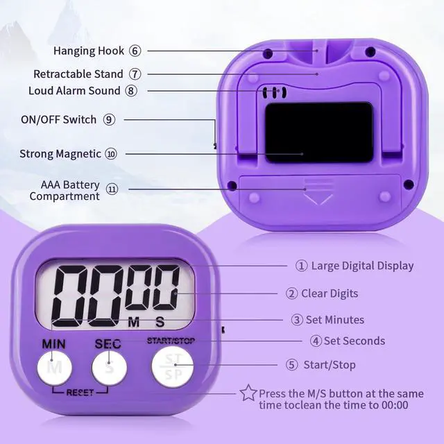 Alt view image 4 of 7 - 2 Pack Purple Digital Kitchen Timer Magnetic Digital Timer with Big Display Loud Ring Cooking Timers for Kitchen Electronic Timers for Cooking, Game, Gym, Break Time, Classroom (2, Purple)
