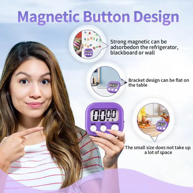 Alt view image 5 of 7 - 2 Pack Purple Digital Kitchen Timer Magnetic Digital Timer with Big Display Loud Ring Cooking Timers for Kitchen Electronic Timers for Cooking, Game, Gym, Break Time, Classroom (2, Purple)