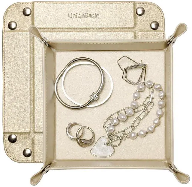 Main image of Small Valet Tray, Jewelry Tray for Rings Watches Earrings, Entryway Catchall Caddy for Coins Keys Change, Nightstand Bedside Valet Holder, Trays for Electronic Gadgets, Pale Gold
